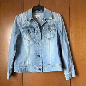 Coldwater Creek Women's Medium Blue Washed Embroidered Denim Jacket Sz 8 EUC